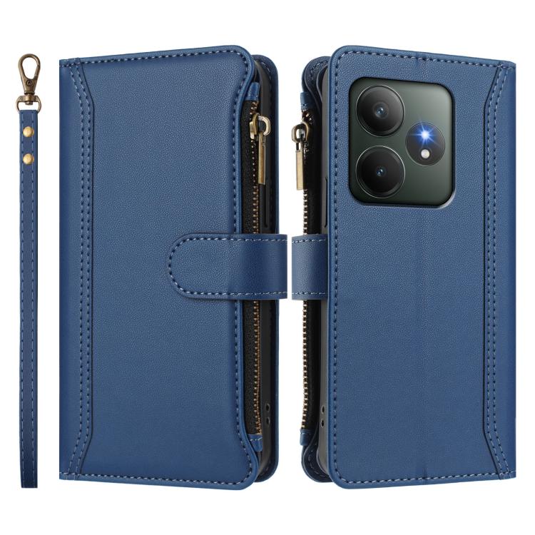 For Realme GT 6 5G Global / GT 6T 5G Global Magnetic Closure 9 Card Slots Zipper Leather Case with Hand Strap