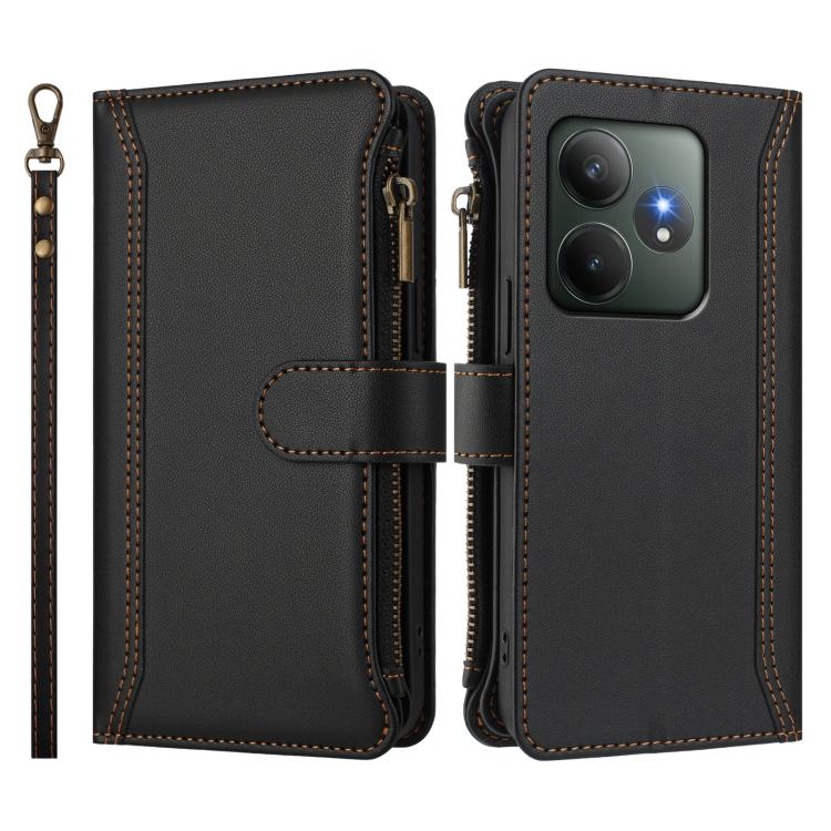 For Realme GT 6 5G Global / GT 6T 5G Global Magnetic Closure 9 Card Slots Zipper Leather Case with Hand Strap