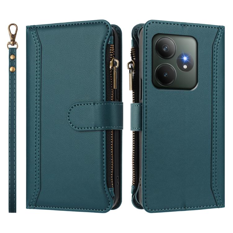 For Realme GT 6 5G Global / GT 6T 5G Global Magnetic Closure 9 Card Slots Zipper Leather Case with Hand Strap