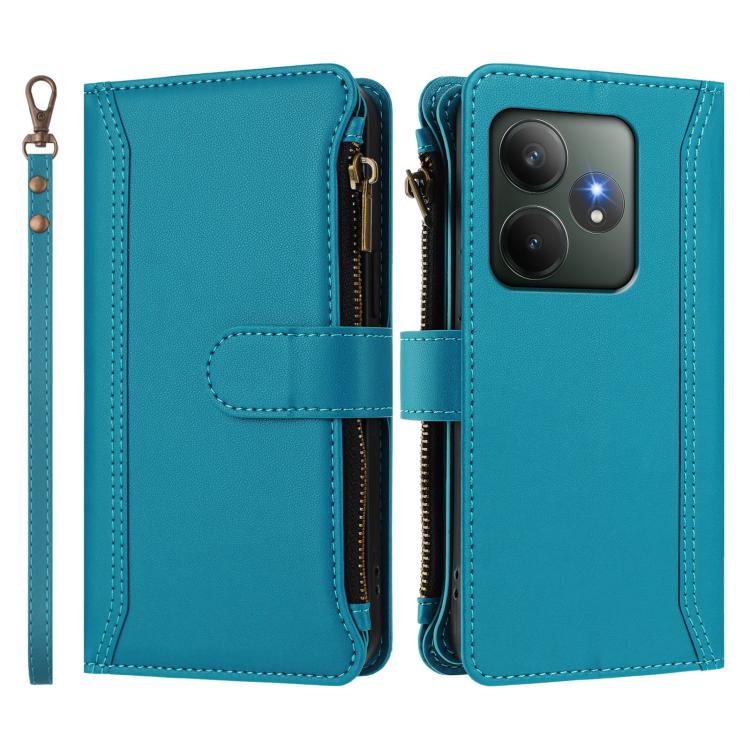 For Realme GT 6 5G Global / GT 6T 5G Global Magnetic Closure 9 Card Slots Zipper Leather Case with Hand Strap