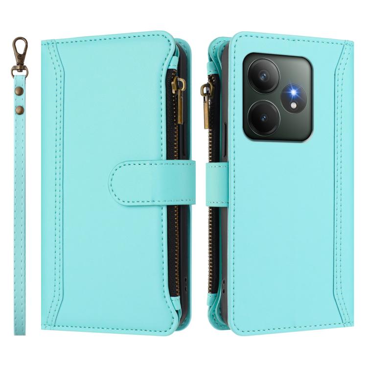 For Realme GT 6 5G Global / GT 6T 5G Global Magnetic Closure 9 Card Slots Zipper Leather Case with Hand Strap