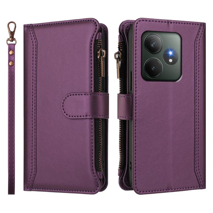 For Realme GT 6 5G Global / GT 6T 5G Global Magnetic Closure 9 Card Slots Zipper Leather Case with Hand Strap