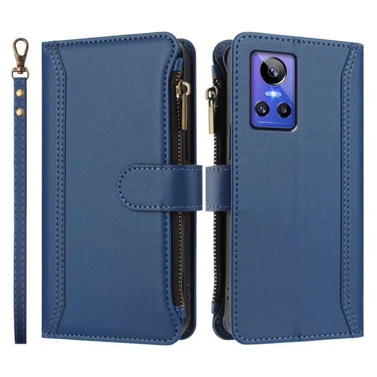 For Realme GT Neo3 Magnetic Closure 9 Card Slots Zipper Leather Case with Hand Strap