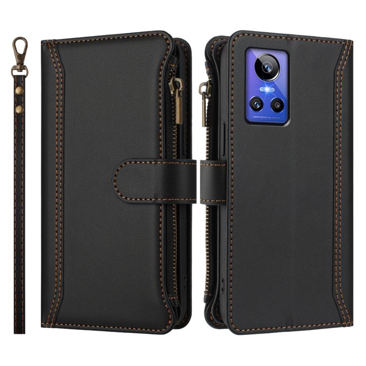 For Realme GT Neo3 Magnetic Closure 9 Card Slots Zipper Leather Case with Hand Strap