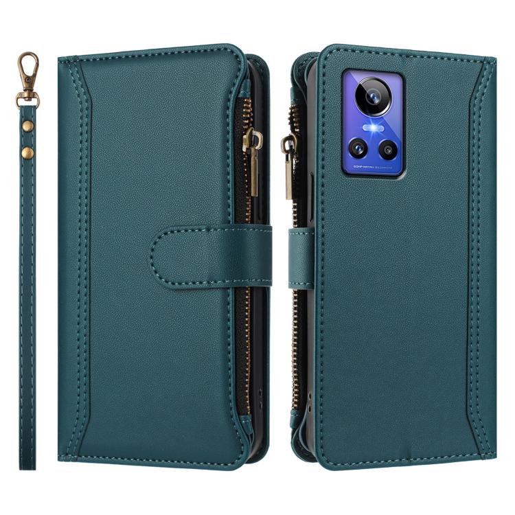 For Realme GT Neo3 Magnetic Closure 9 Card Slots Zipper Leather Case with Hand Strap