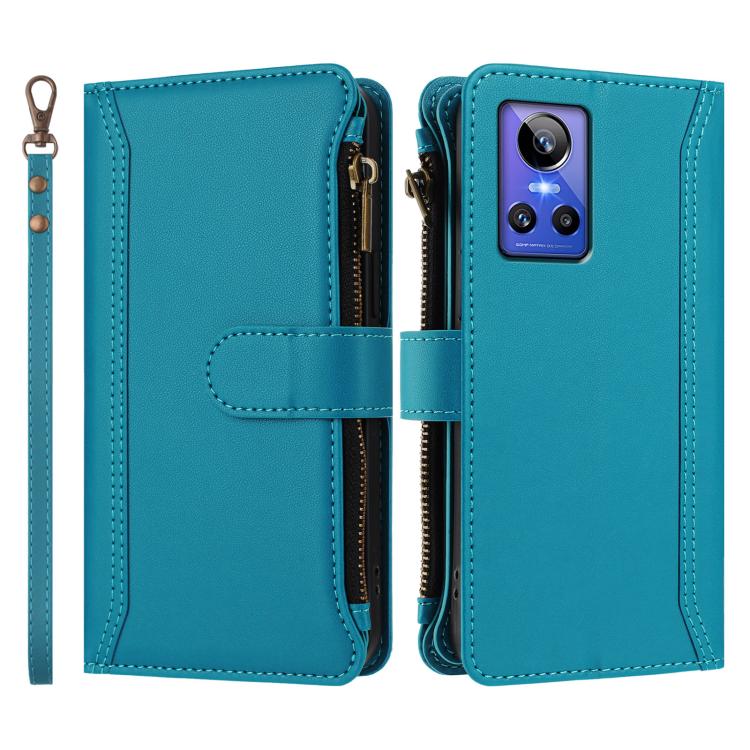 For Realme GT Neo3 Magnetic Closure 9 Card Slots Zipper Leather Case with Hand Strap