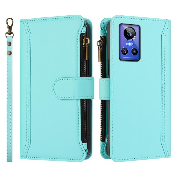 For Realme GT Neo3 Magnetic Closure 9 Card Slots Zipper Leather Case with Hand Strap