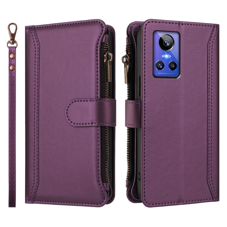 For Realme GT Neo3 Magnetic Closure 9 Card Slots Zipper Leather Case with Hand Strap