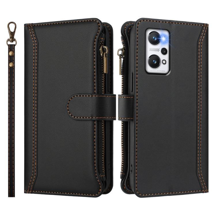 For Realme GT NEO 3T Magnetic Closure 9 Card Slots Zipper Leather Case with Hand Strap
