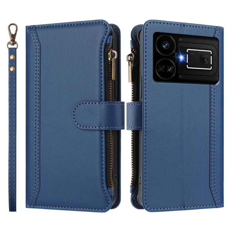 For Realme GT5 240W / GT5 5G Magnetic Closure 9 Card Slots Zipper Leather Case with Hand Strap
