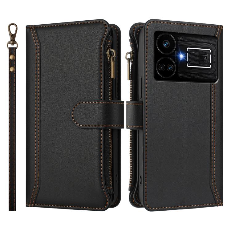 For Realme GT5 240W / GT5 5G Magnetic Closure 9 Card Slots Zipper Leather Case with Hand Strap