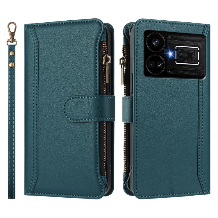 For Realme GT5 240W / GT5 5G Magnetic Closure 9 Card Slots Zipper Leather Case with Hand Strap