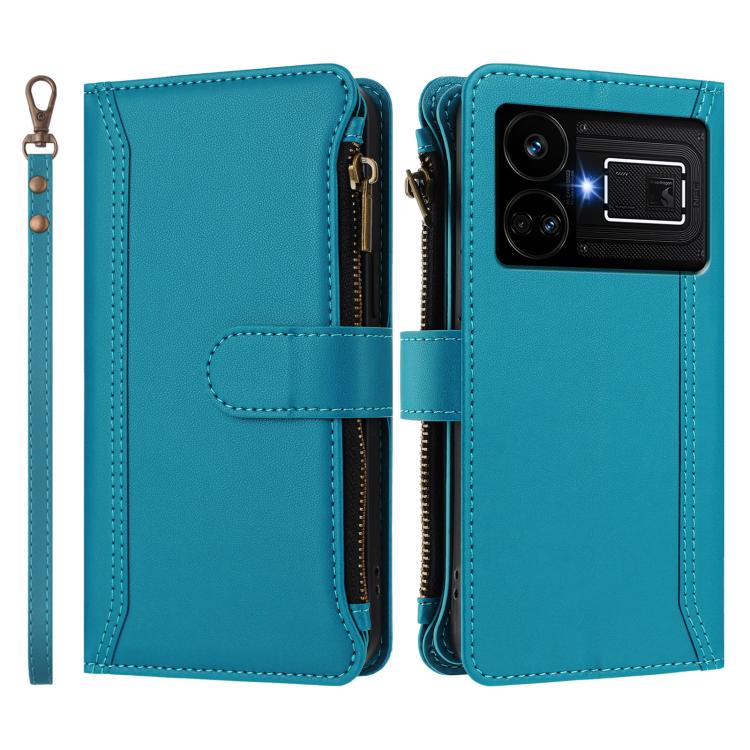 For Realme GT5 240W / GT5 5G Magnetic Closure 9 Card Slots Zipper Leather Case with Hand Strap
