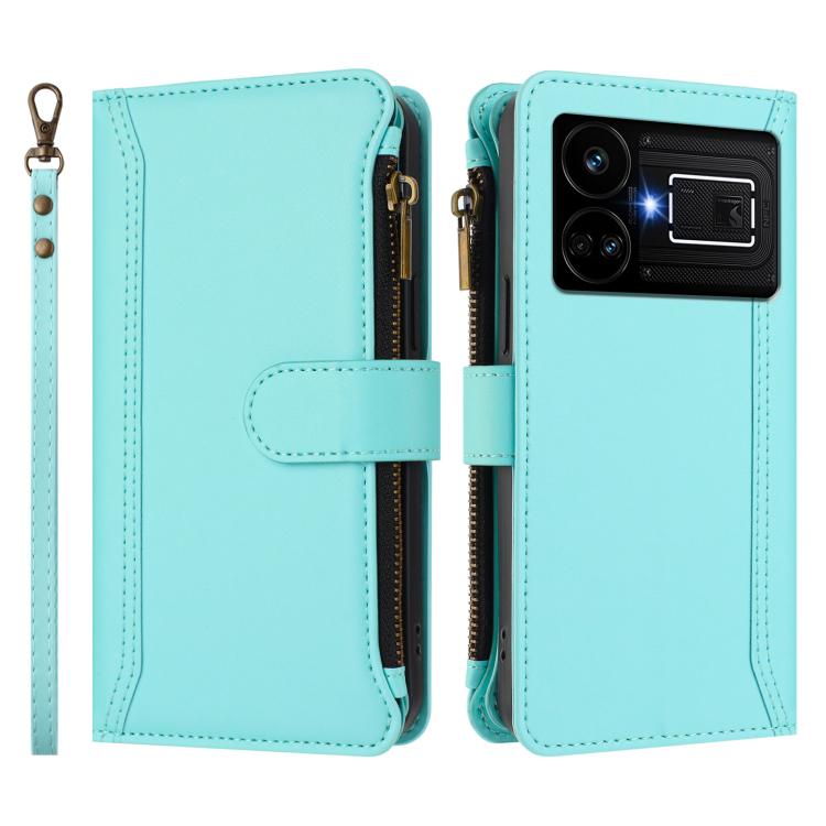 For Realme GT5 240W / GT5 5G Magnetic Closure 9 Card Slots Zipper Leather Case with Hand Strap