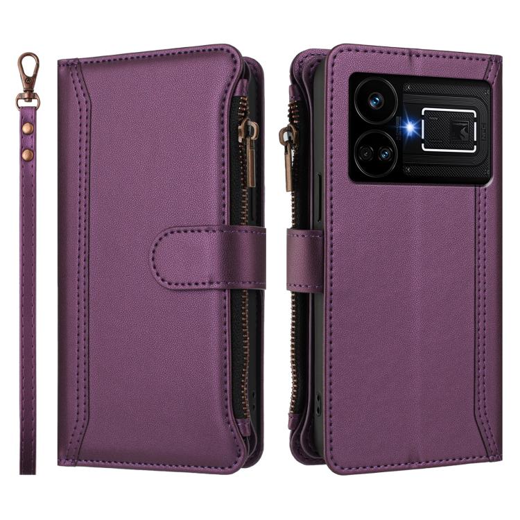 For Realme GT5 240W / GT5 5G Magnetic Closure 9 Card Slots Zipper Leather Case with Hand Strap