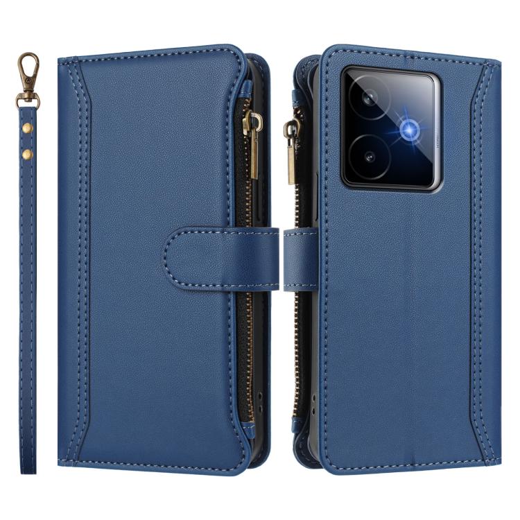 For Realme GT7 Magnetic Closure 9 Card Slots Zipper Leather Case with Hand Strap