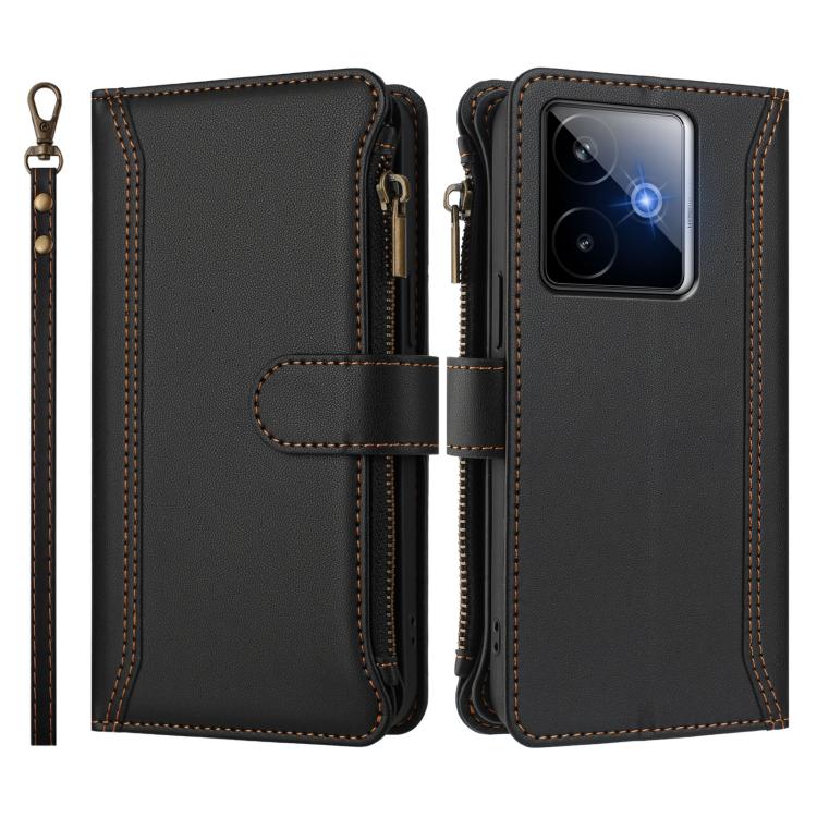 For Realme GT7 Magnetic Closure 9 Card Slots Zipper Leather Case with Hand Strap