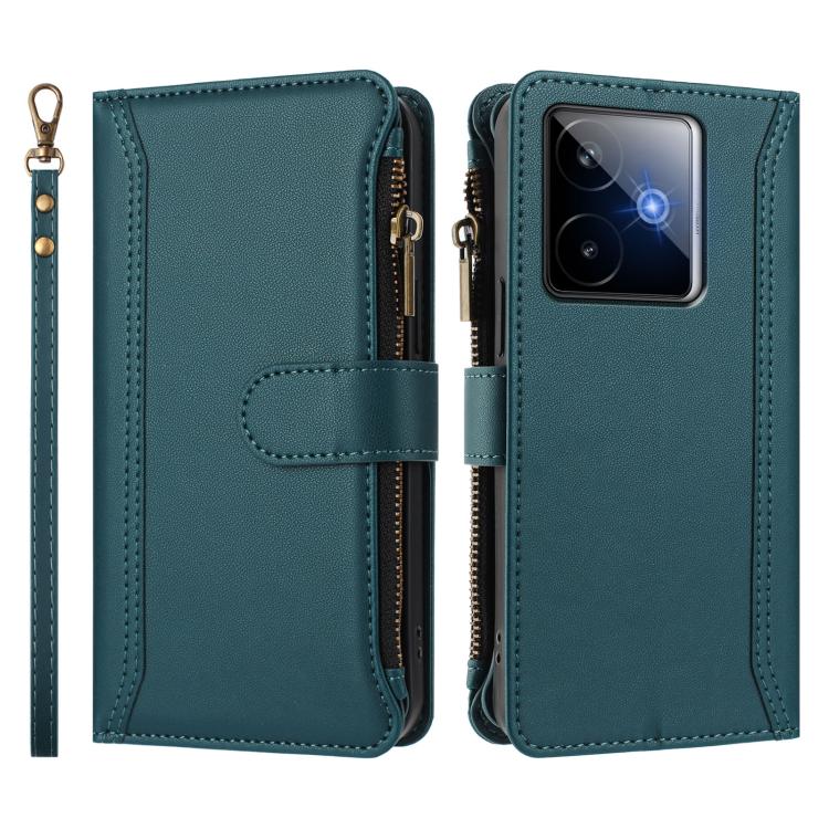 For Realme GT7 Magnetic Closure 9 Card Slots Zipper Leather Case with Hand Strap