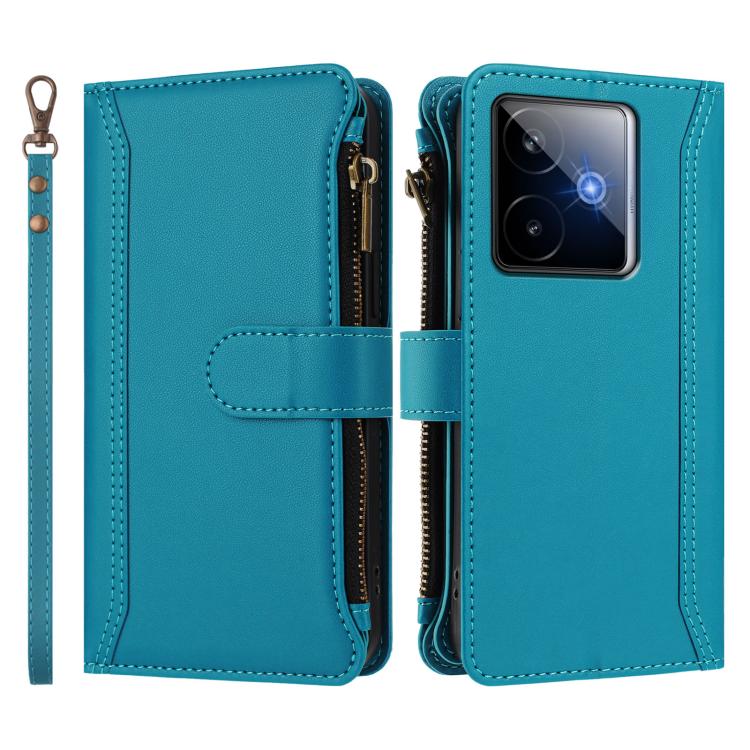 For Realme GT7 Magnetic Closure 9 Card Slots Zipper Leather Case with Hand Strap
