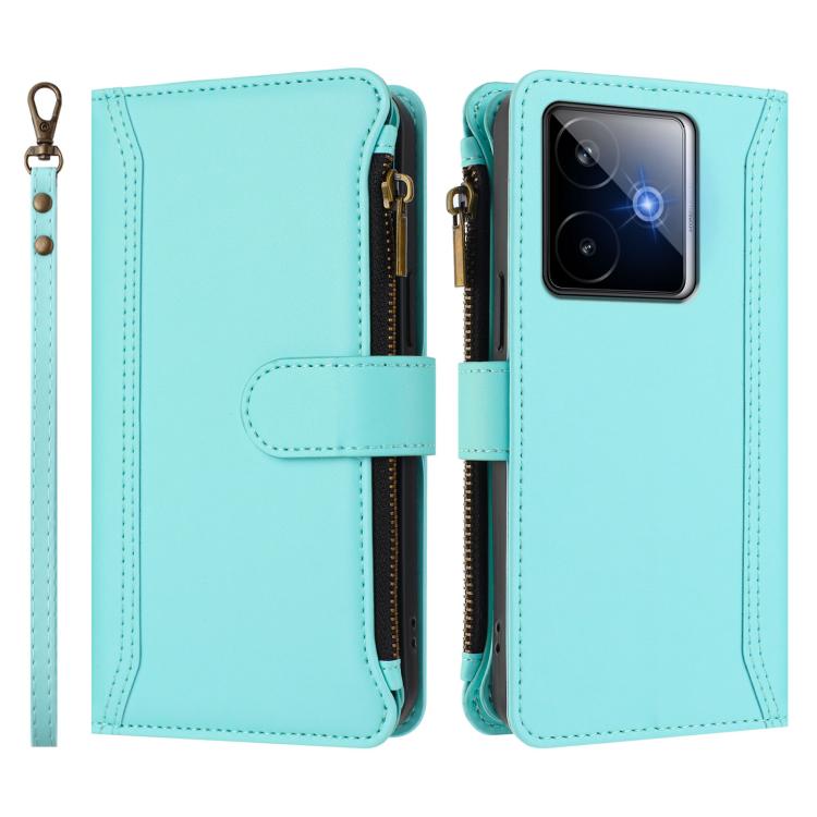 For Realme GT7 Magnetic Closure 9 Card Slots Zipper Leather Case with Hand Strap