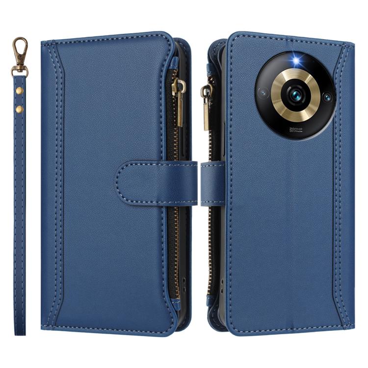For Realme Narzo 60 Pro Global Magnetic Closure 9 Card Slots Zipper Leather Case with Hand Strap