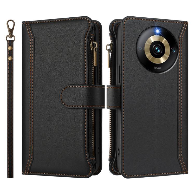 For Realme Narzo 60 Pro Global Magnetic Closure 9 Card Slots Zipper Leather Case with Hand Strap