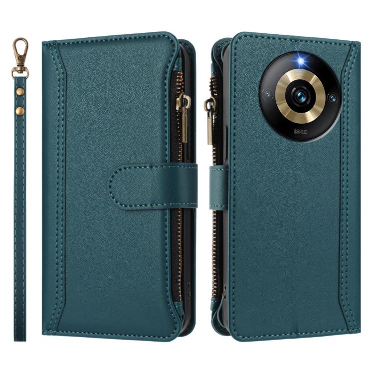 For Realme Narzo 60 Pro Global Magnetic Closure 9 Card Slots Zipper Leather Case with Hand Strap