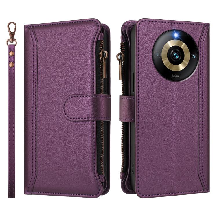 For Realme Narzo 60 Pro Global Magnetic Closure 9 Card Slots Zipper Leather Case with Hand Strap