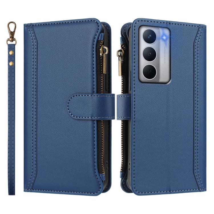 For Realme Narzo 80X Magnetic Closure 9 Card Slots Zipper Leather Case with Hand Strap