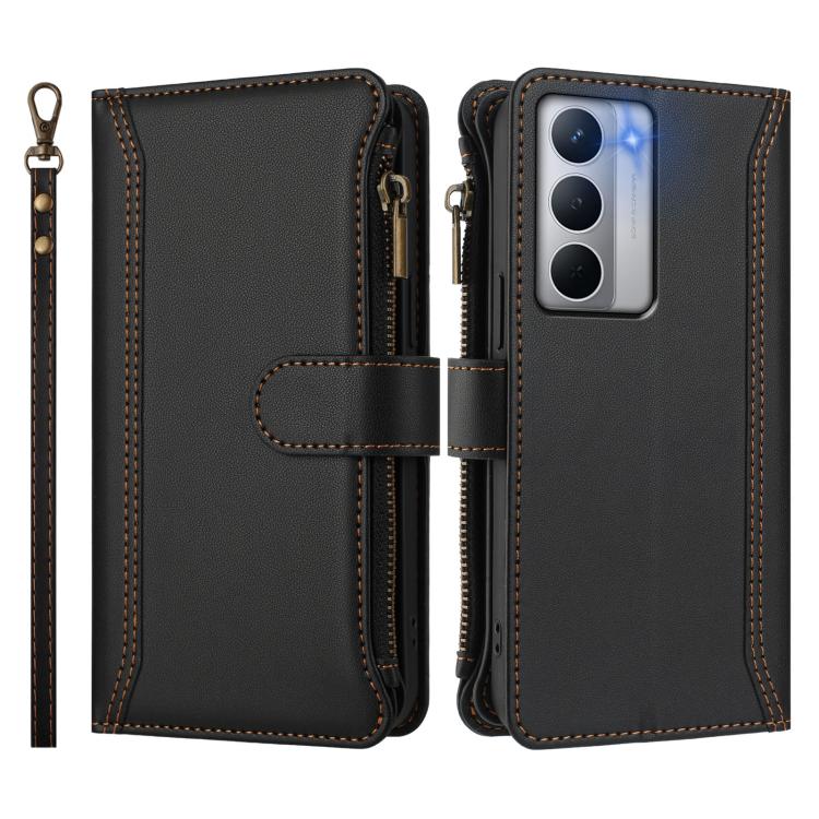 For Realme Narzo 80X Magnetic Closure 9 Card Slots Zipper Leather Case with Hand Strap