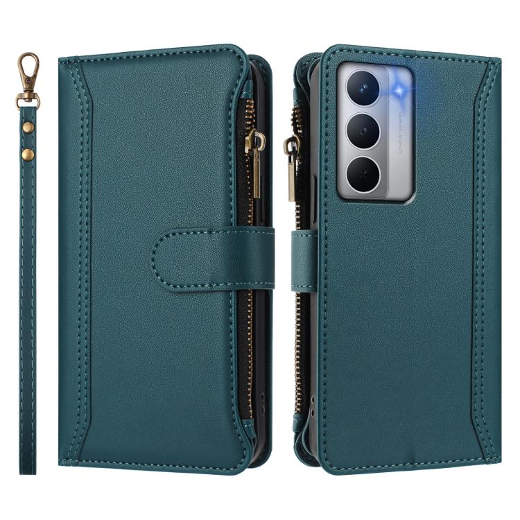 For Realme Narzo 80X Magnetic Closure 9 Card Slots Zipper Leather Case with Hand Strap
