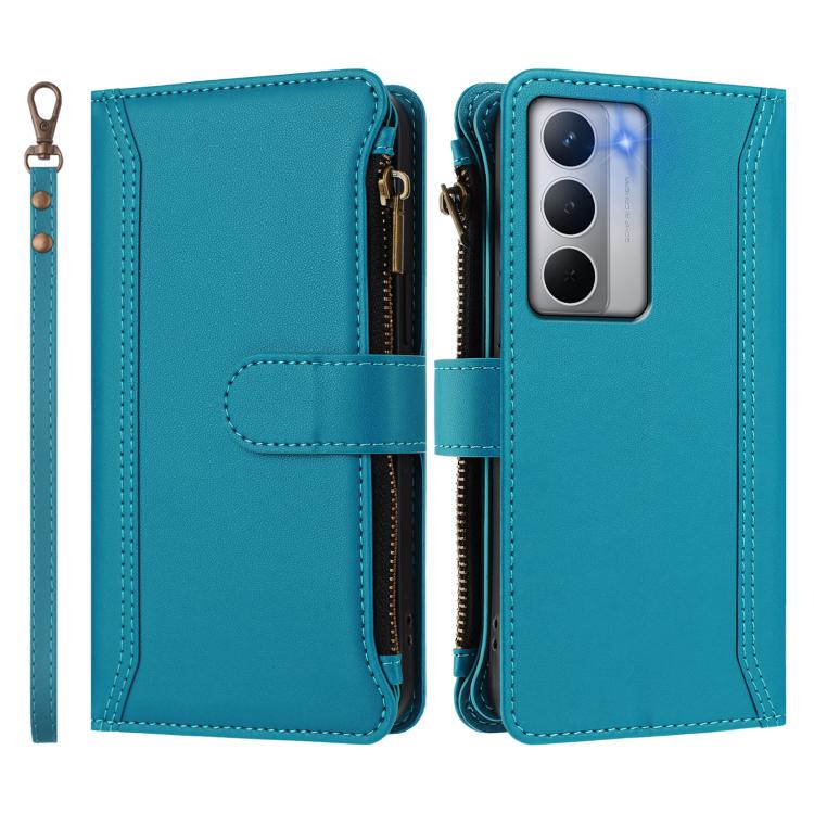 For Realme Narzo 80X Magnetic Closure 9 Card Slots Zipper Leather Case with Hand Strap