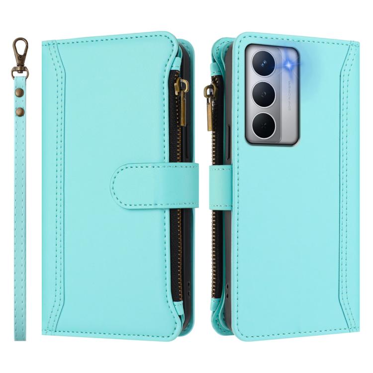 For Realme Narzo 80X Magnetic Closure 9 Card Slots Zipper Leather Case with Hand Strap