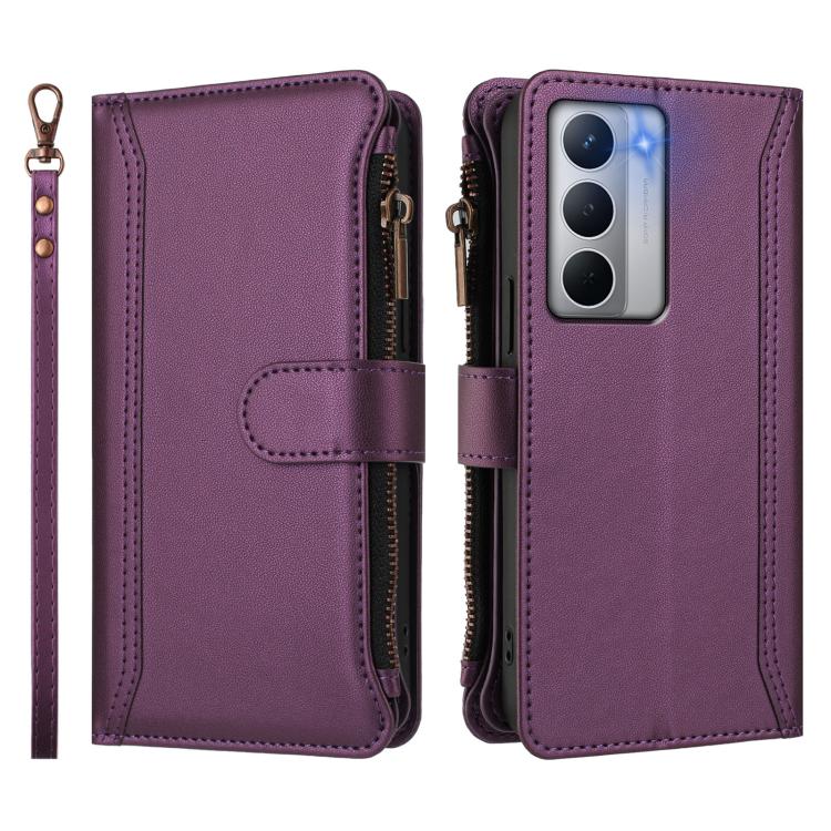 For Realme Narzo 80X Magnetic Closure 9 Card Slots Zipper Leather Case with Hand Strap