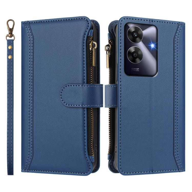 For Realme Note 60 4G Global / Narzo N63 4G Magnetic Closure 9 Card Slots Zipper Leather Case with Hand Strap