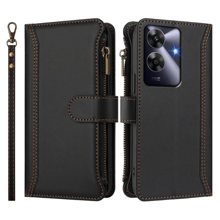 For Realme Note 60 4G Global / Narzo N63 4G Magnetic Closure 9 Card Slots Zipper Leather Case with Hand Strap