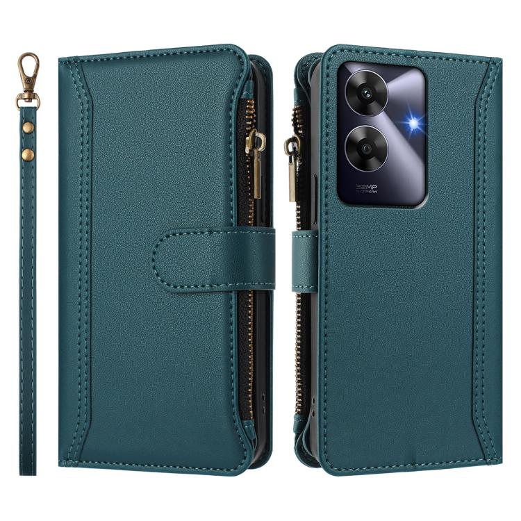 For Realme Note 60 4G Global / Narzo N63 4G Magnetic Closure 9 Card Slots Zipper Leather Case with Hand Strap