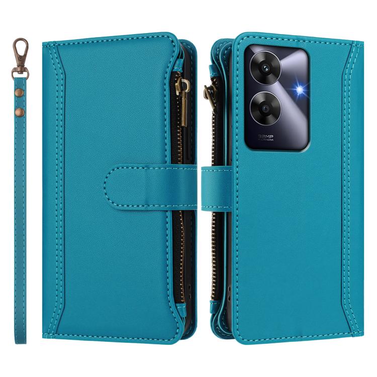 For Realme Note 60 4G Global / Narzo N63 4G Magnetic Closure 9 Card Slots Zipper Leather Case with Hand Strap