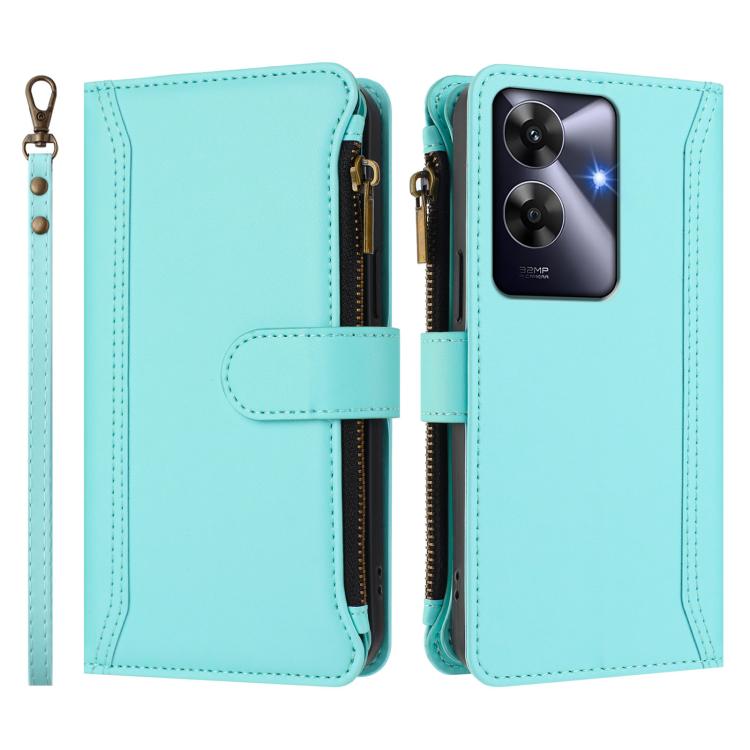 For Realme Note 60 4G Global / Narzo N63 4G Magnetic Closure 9 Card Slots Zipper Leather Case with Hand Strap
