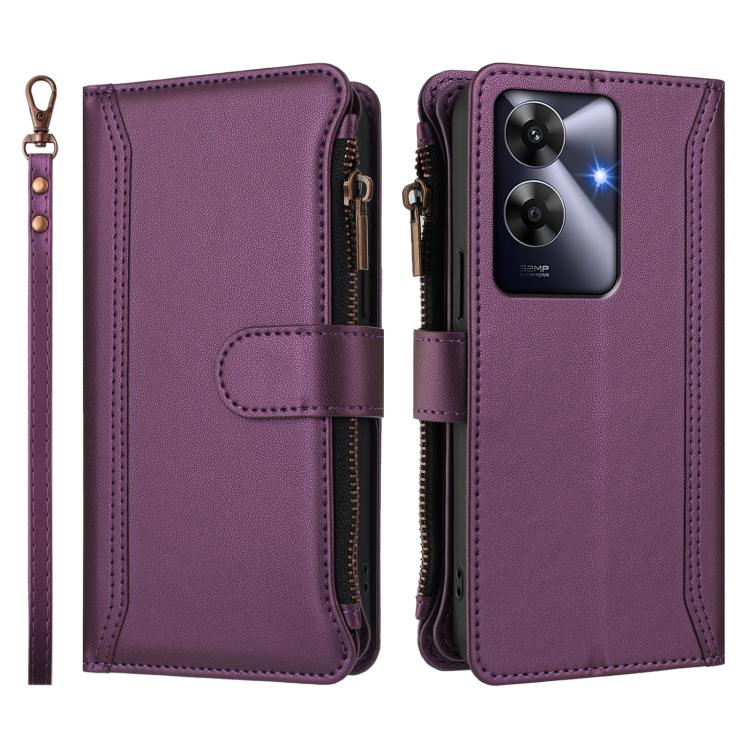 For Realme Note 60 4G Global / Narzo N63 4G Magnetic Closure 9 Card Slots Zipper Leather Case with Hand Strap