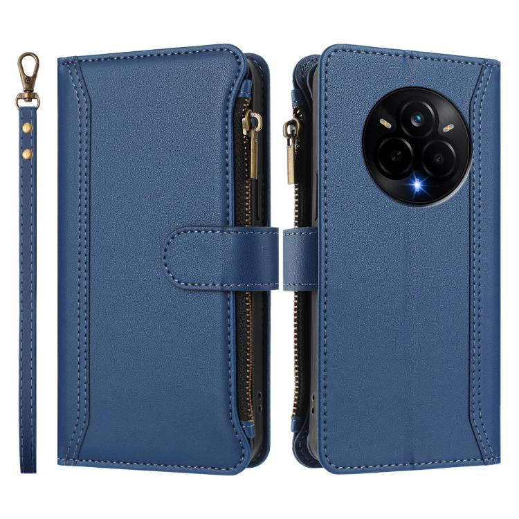For Realme 14 Pro 5G India Magnetic Closure 9 Card Slots Zipper Leather Case with Hand Strap