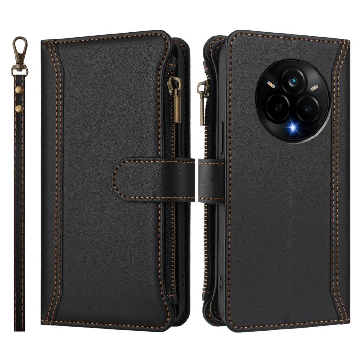 For Realme 14 Pro 5G India Magnetic Closure 9 Card Slots Zipper Leather Case with Hand Strap