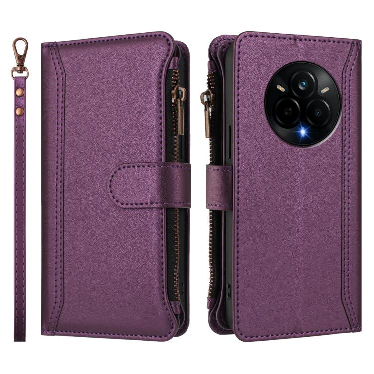 For Realme 14 Pro 5G India Magnetic Closure 9 Card Slots Zipper Leather Case with Hand Strap