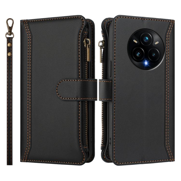 For Realme 14 Pro+ 5G Magnetic Closure 9 Card Slots Zipper Leather Case with Hand Strap