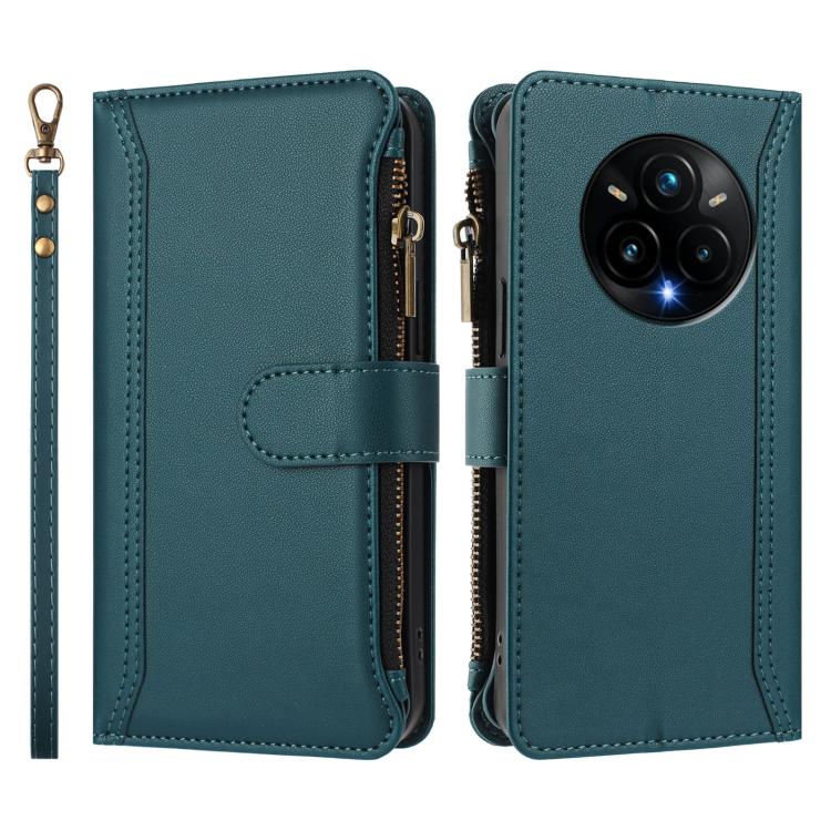 For Realme 14 Pro+ 5G Magnetic Closure 9 Card Slots Zipper Leather Case with Hand Strap