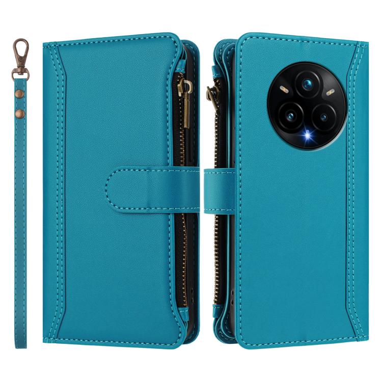 For Realme 14 Pro+ 5G Magnetic Closure 9 Card Slots Zipper Leather Case with Hand Strap
