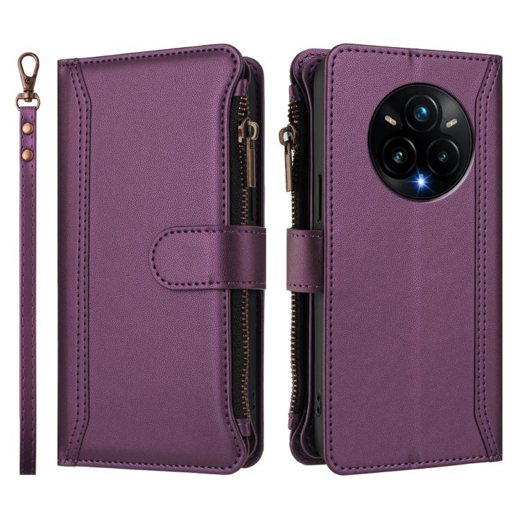For Realme 14 Pro+ 5G Magnetic Closure 9 Card Slots Zipper Leather Case with Hand Strap