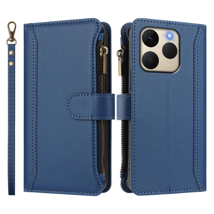 For Realme 15T 5G Global Magnetic Closure 9 Card Slots Zipper Leather Case with Hand Strap