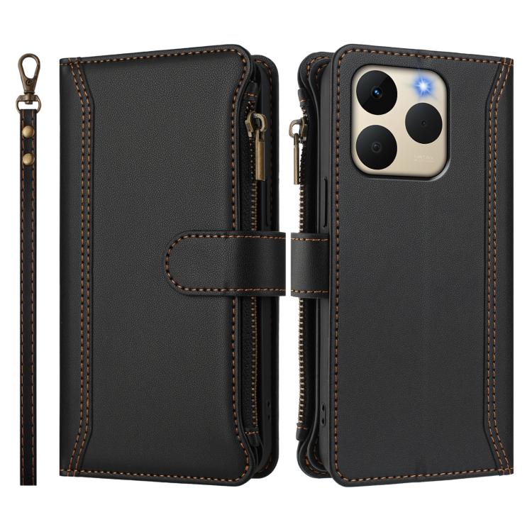 For Realme 15T 5G Global Magnetic Closure 9 Card Slots Zipper Leather Case with Hand Strap