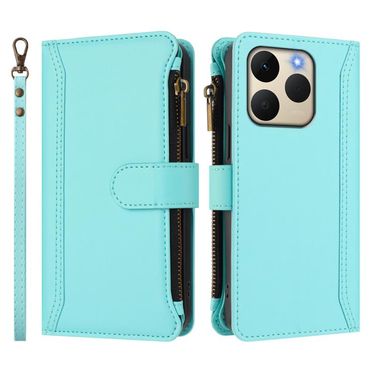 For Realme 15T 5G Global Magnetic Closure 9 Card Slots Zipper Leather Case with Hand Strap